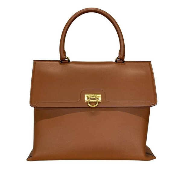Auth Salvatore Ferragamo Trifoglio,Gancini Light Brown Leather Handbag - Picture 1 of 16